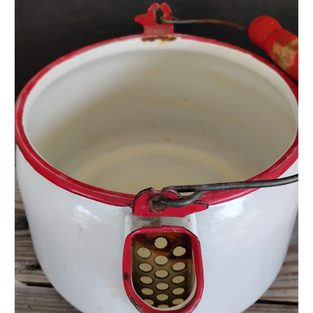 🏕️🚙Enamelware Kettle Coffee Pot White Red Wood Handle Farmhouse Camp Cowboy